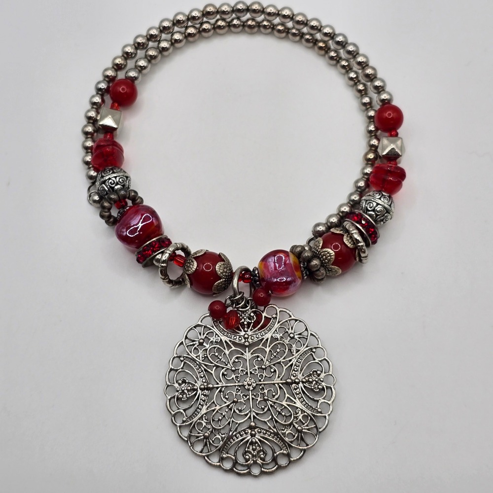 Beaded Necklace Women Red Silver Filigree Medallion Boho Festival Ren‎ Fair